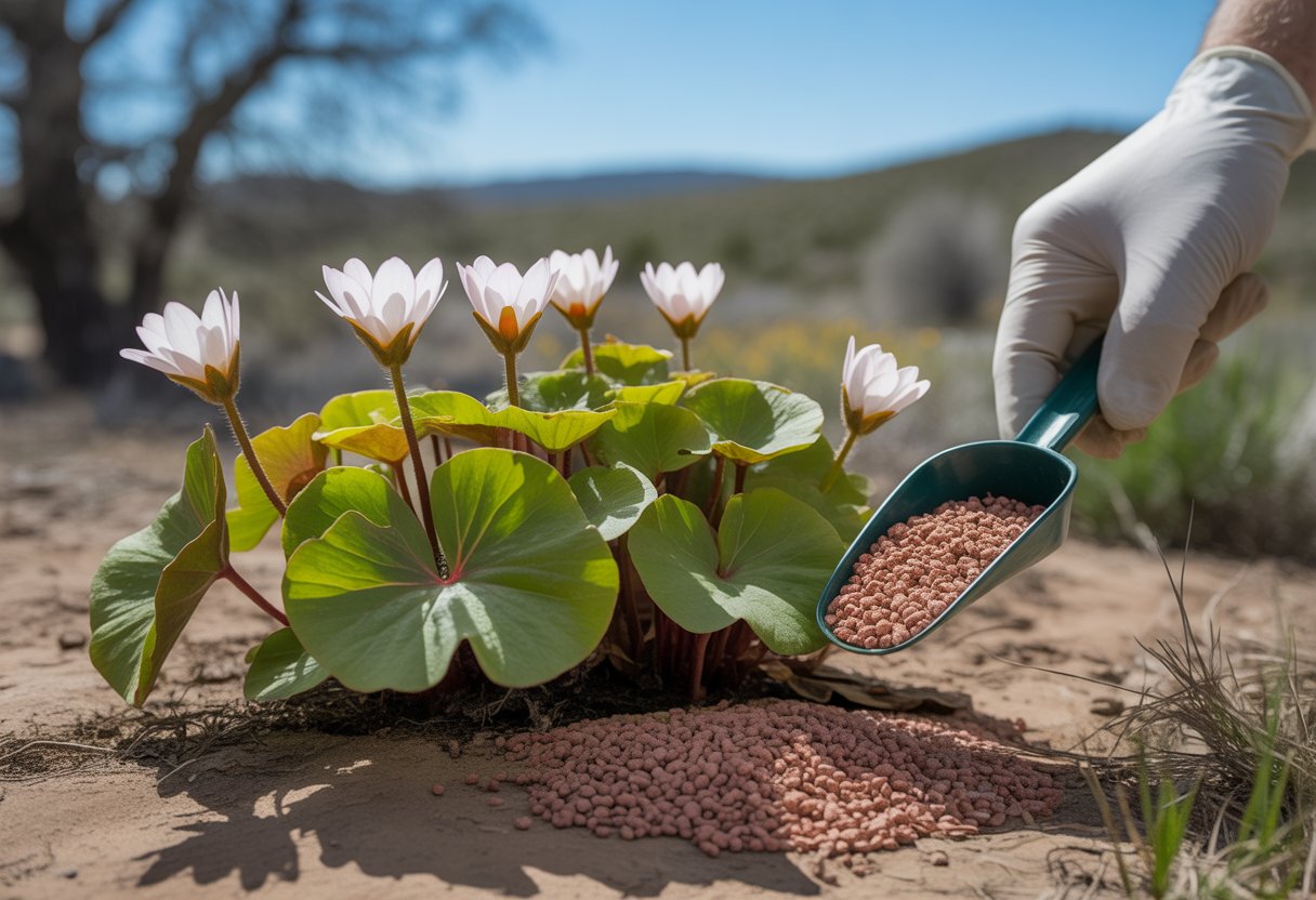 A gardener applying fertilizer to blooming bloodroot plants outdoors in a dry New Mexico landscape with clear skies.