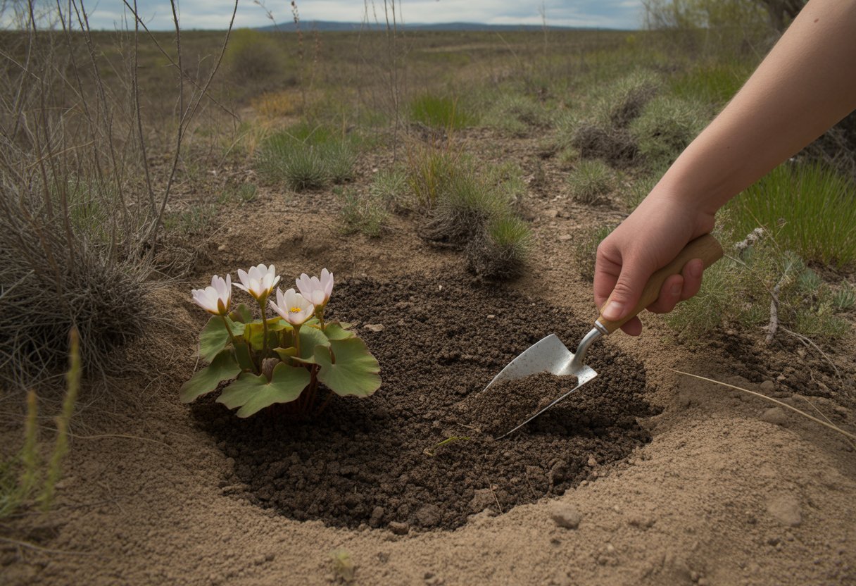 A bloodroot plant with white flowers growing in rich soil in a New Mexico landscape, with a gardener's hand holding a small trowel nearby.