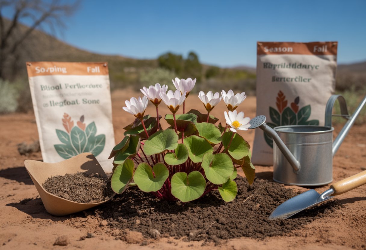 A bloodroot plant with white flowers growing in a garden with gardening tools and natural fertilizer in a sunny New Mexico landscape.
