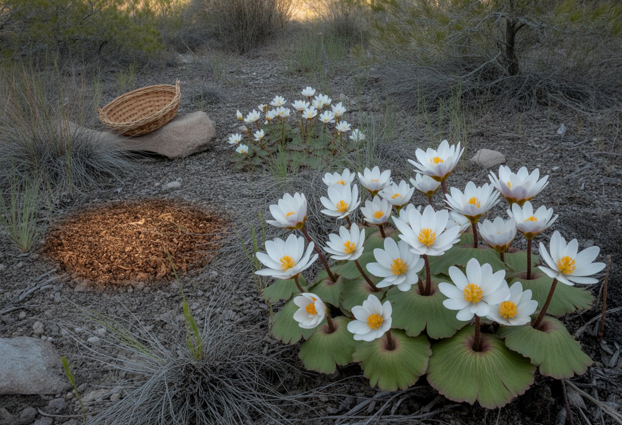 Cluster of white bloodroot flowers growing in a New Mexico woodland with a traditional woven basket and fertile soil nearby.