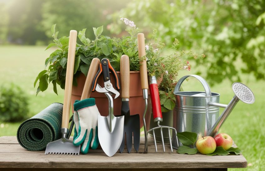 A collection of gardening tools including a hand trowel, pruning shears, gloves, watering can, and seed packets arranged on a wooden table with greenery and flowers in the background.