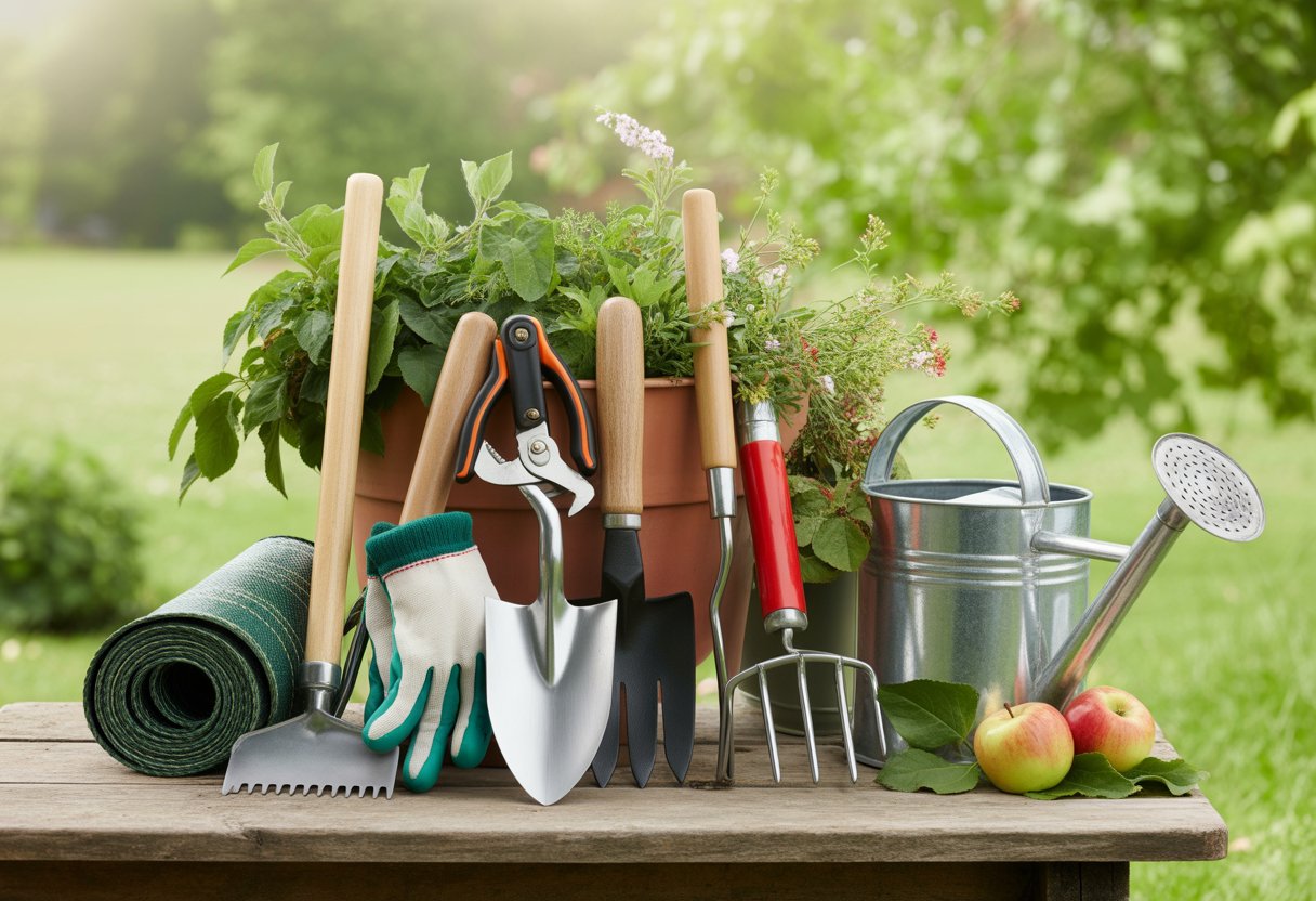 A collection of gardening tools including a hand trowel, pruning shears, gloves, watering can, and seed packets arranged on a wooden table with greenery and flowers in the background.