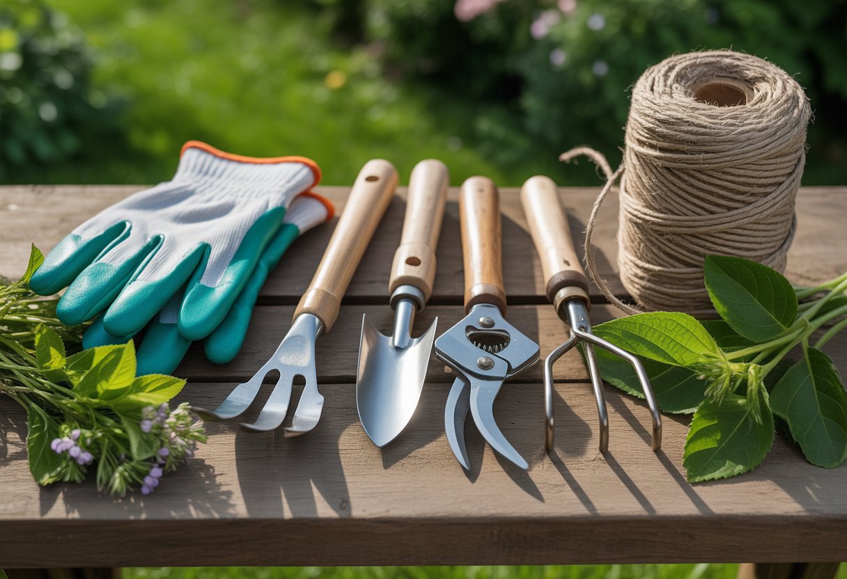 A collection of essential gardening hand tools arranged on a wooden table outdoors surrounded by green plants and flowers.