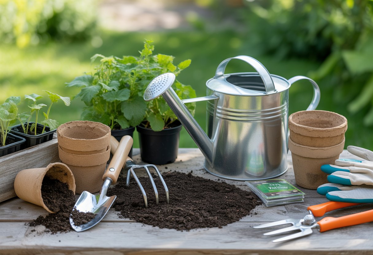A collection of soil and planting tools arranged on a wooden table with plants and seedlings in the background.