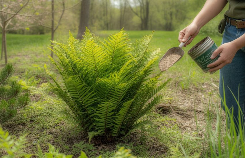 A gardener applying fertilizer to a healthy green fern plant in a garden setting with natural daylight.