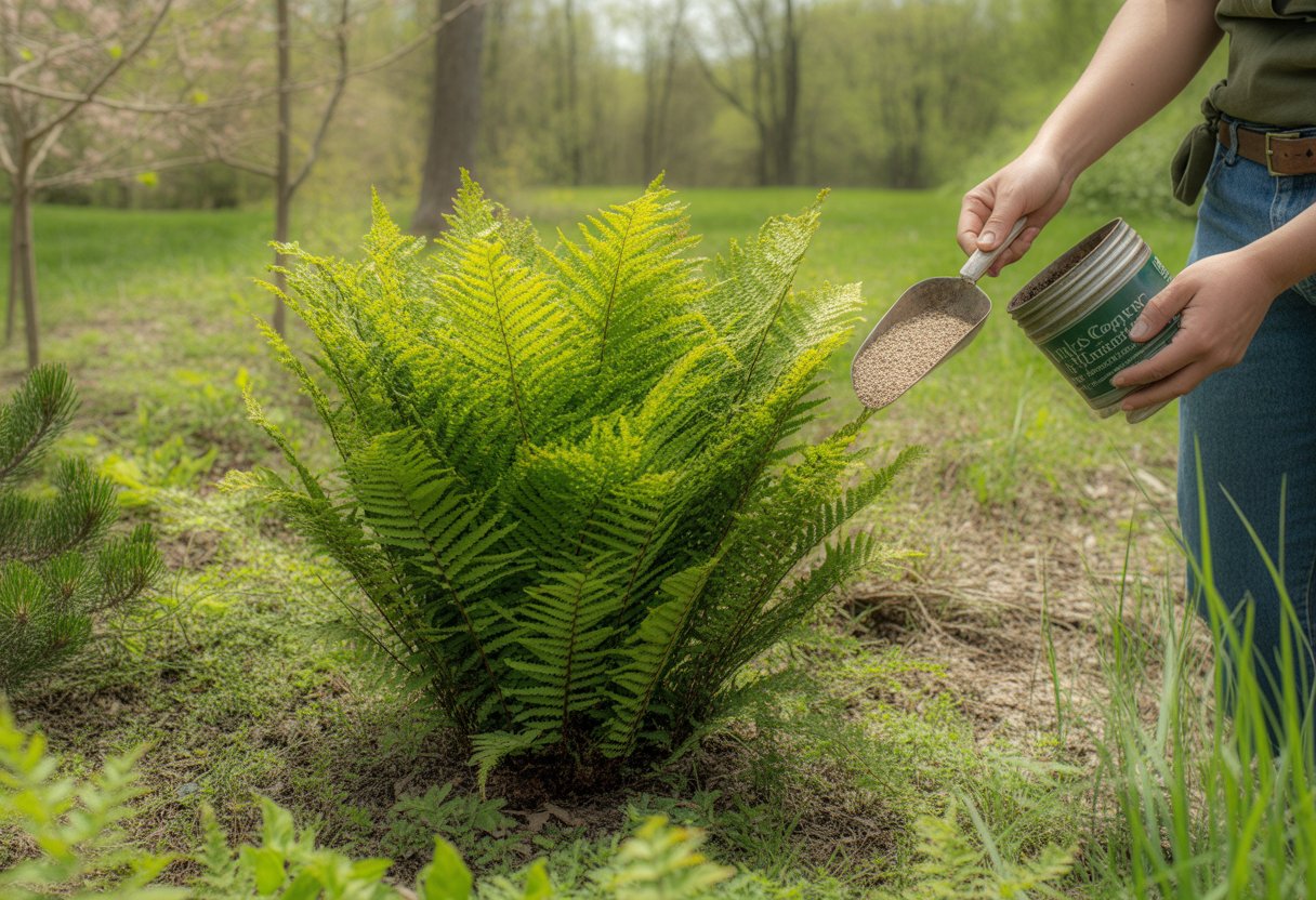 A gardener applying fertilizer to a healthy green fern plant in a garden setting with natural daylight.