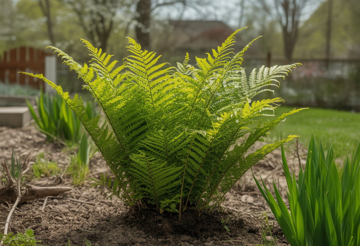 A healthy green fern plant growing outdoors in a garden with early spring foliage in the background.