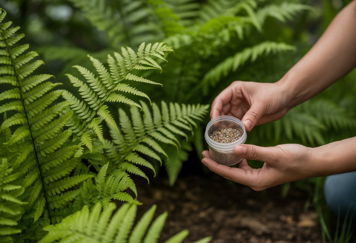 Close-up of hands holding fertilizer near healthy green ferns growing in a garden.