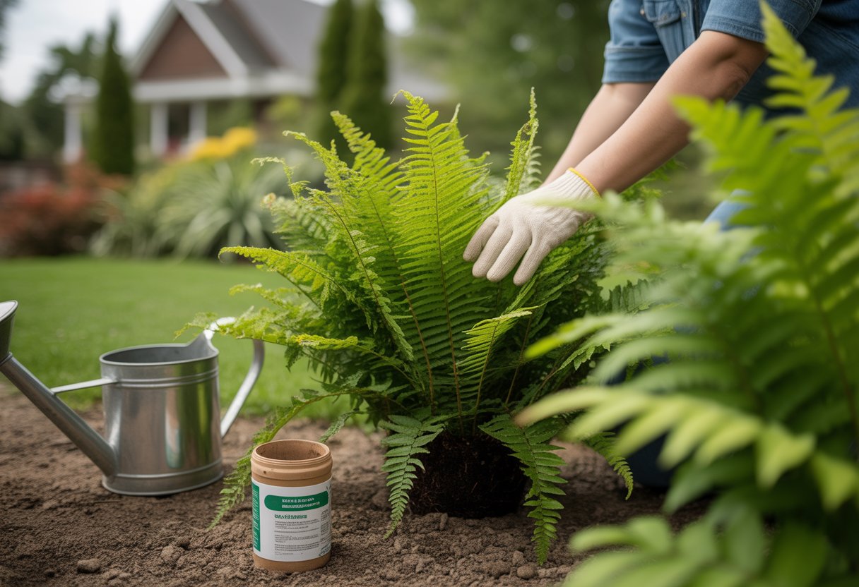 Close-up of green ferns in a garden with a gardener's hands, fertilizer container, and watering can nearby.