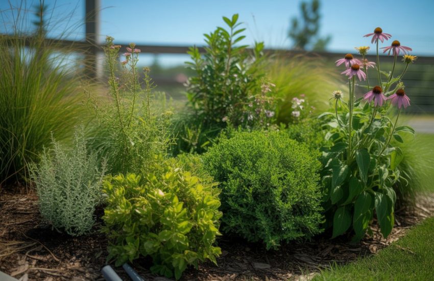A garden bed with green native plants and colorful flowers growing in soil under sunlight, with a wooden fence and blue sky in the background.