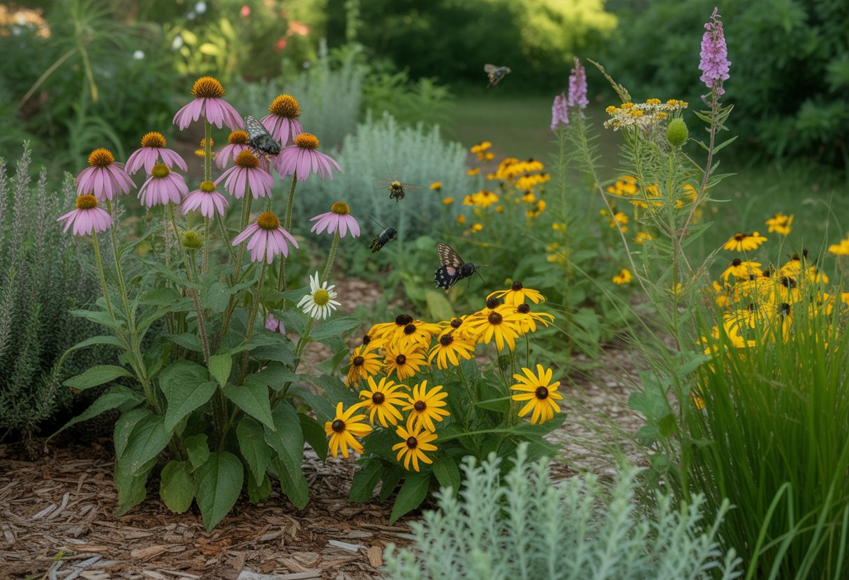 A colorful garden in Georgia with native plants and flowers attracting bees, butterflies, and hummingbirds.