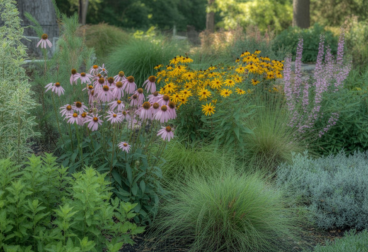 A garden bed with various green and flowering native plants growing outdoors in sunlight.