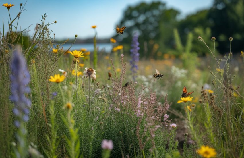 A garden with colorful native plants, bees, and butterflies in a sunny natural setting.