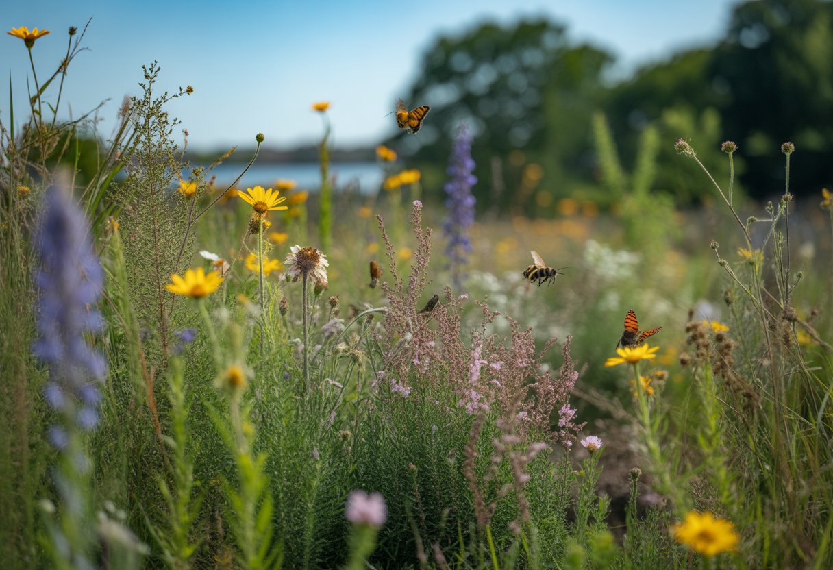 A garden with colorful native plants, bees, and butterflies in a sunny natural setting.