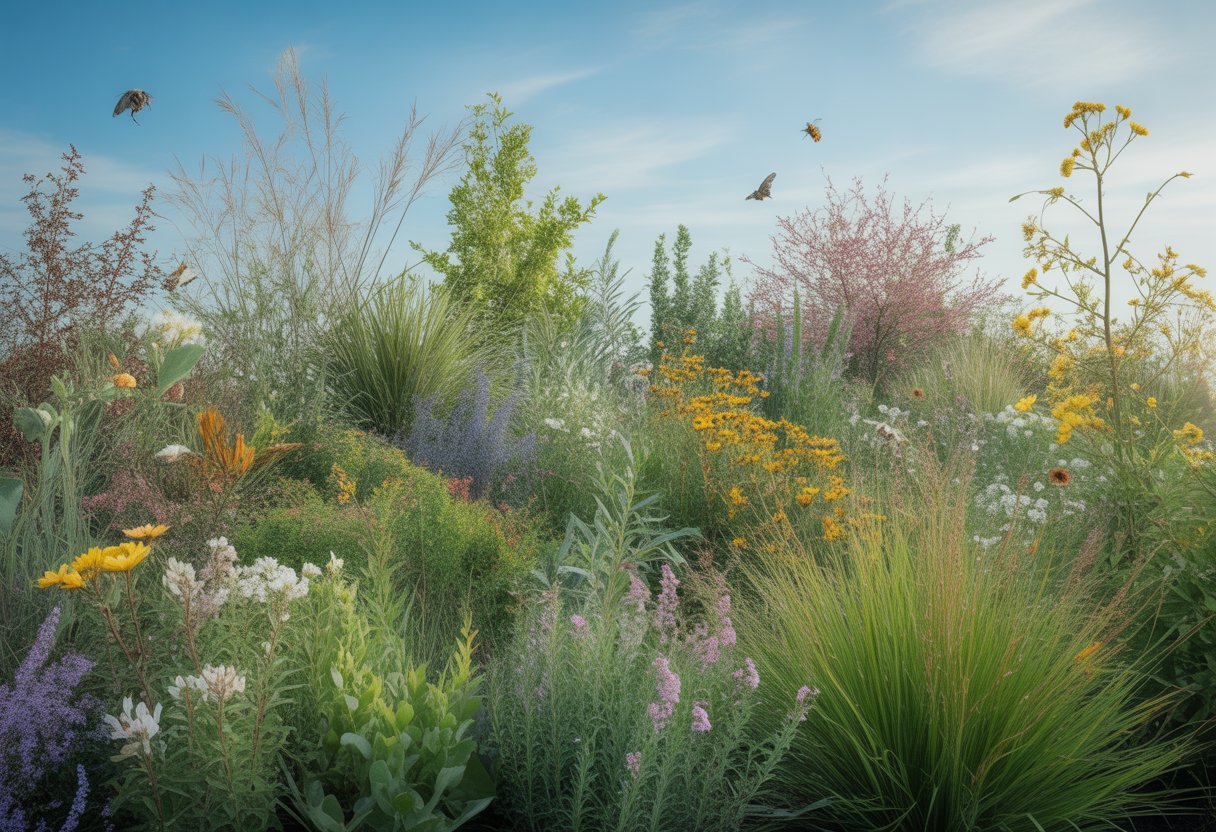 A lush garden filled with diverse native plants, flowers, and wildlife under a clear blue sky.
