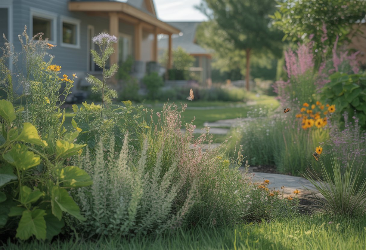A vibrant garden with native plants, wildflowers, and grasses surrounding a modern home, with butterflies and bees among the plants and a stone pathway winding through the landscape.
