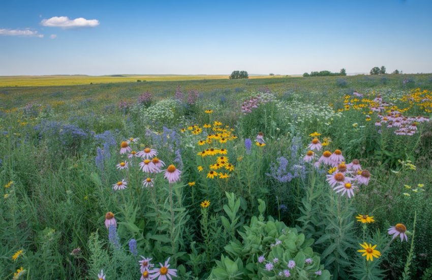A colorful wildflower meadow with various flowers and grasses under a blue sky in a South Dakota prairie landscape.