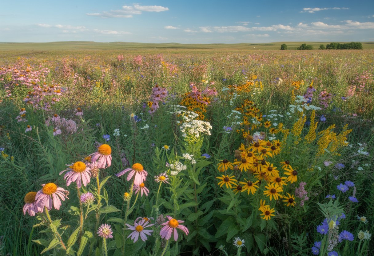 A wide wildflower meadow in South Dakota filled with colorful blooming flowers and prairie grasses under a blue sky with scattered clouds.