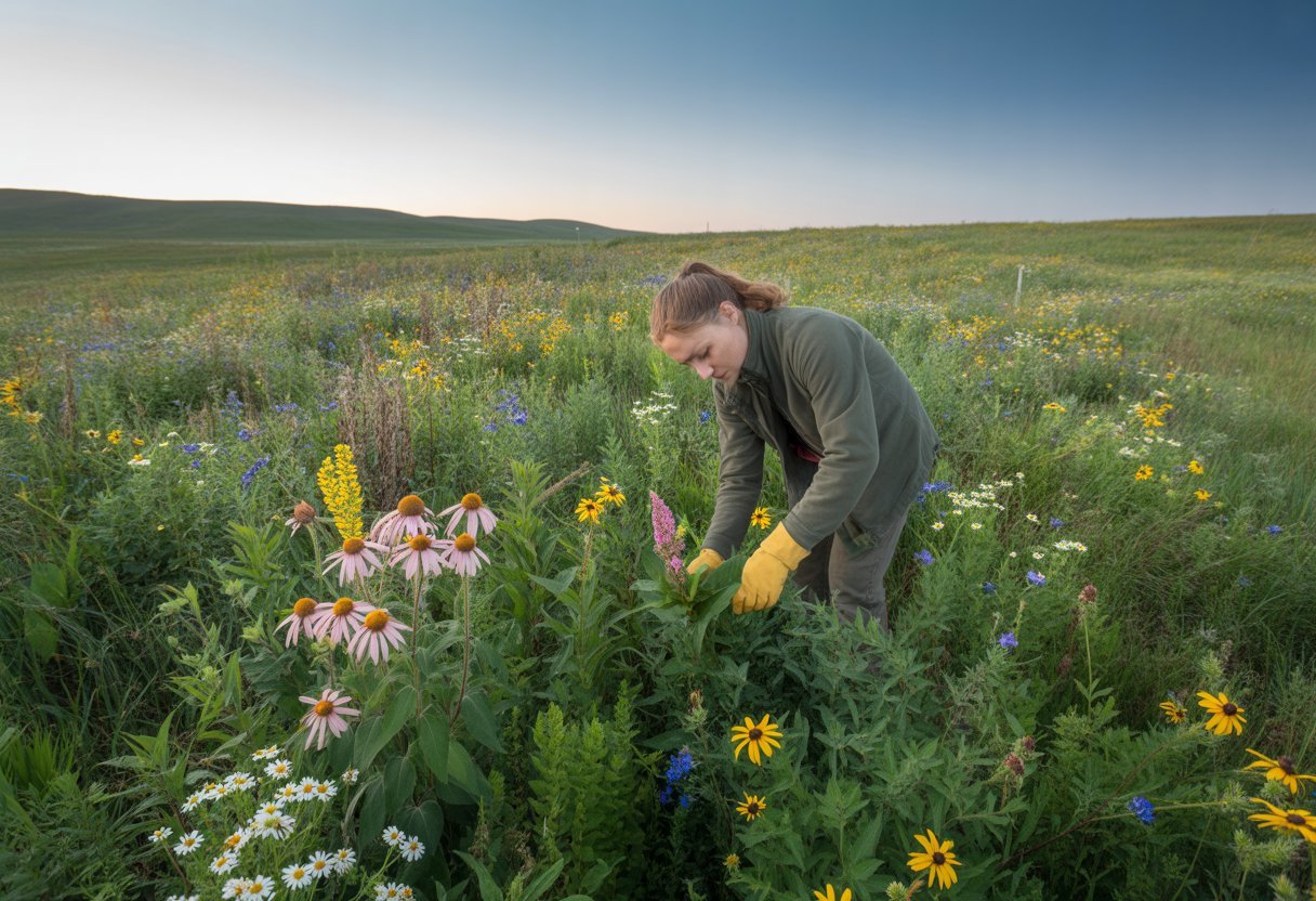 A person caring for a colorful wildflower meadow in South Dakota with rolling hills and blue sky in the background.