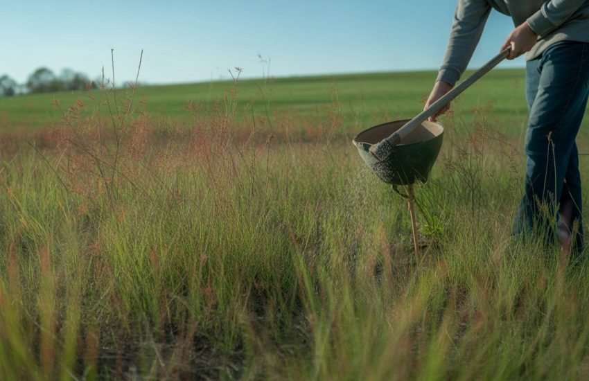 A person fertilizing a field of little bluestem grass in a rural Alabama landscape with rolling hills and clear sky.