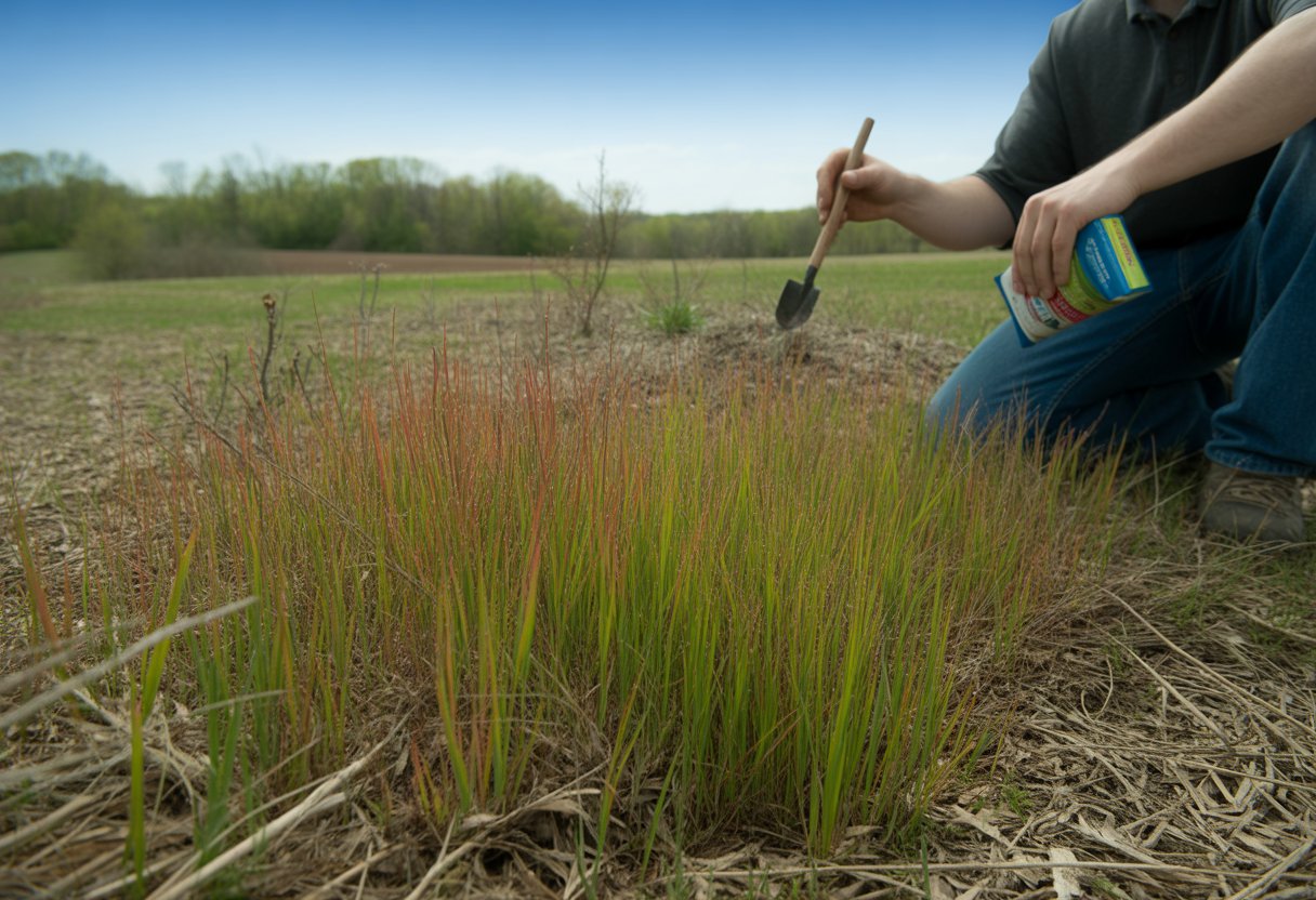 A person kneeling in a field of green and reddish Little Bluestem grass in Alabama, holding fertilizer and gardening tools under a clear blue sky.