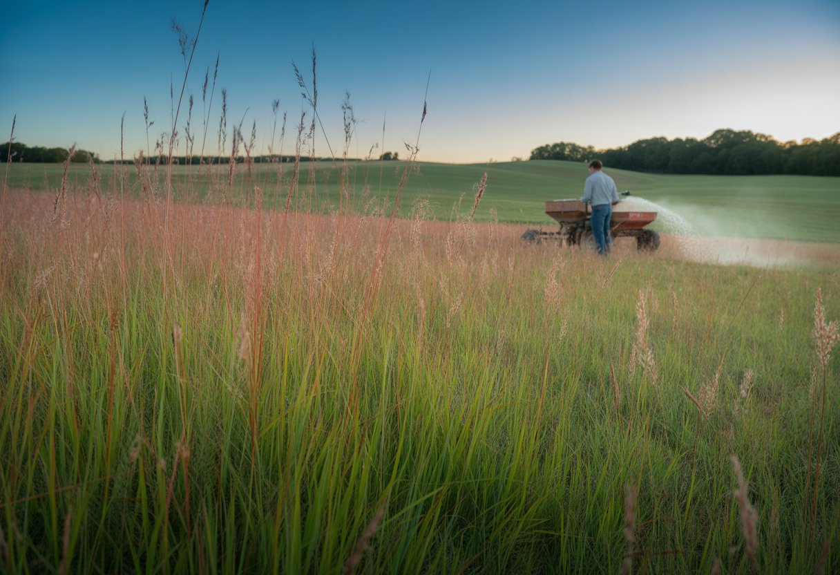 A farmer fertilizing a healthy field of little bluestem grass in a rural Alabama landscape under a clear sky.