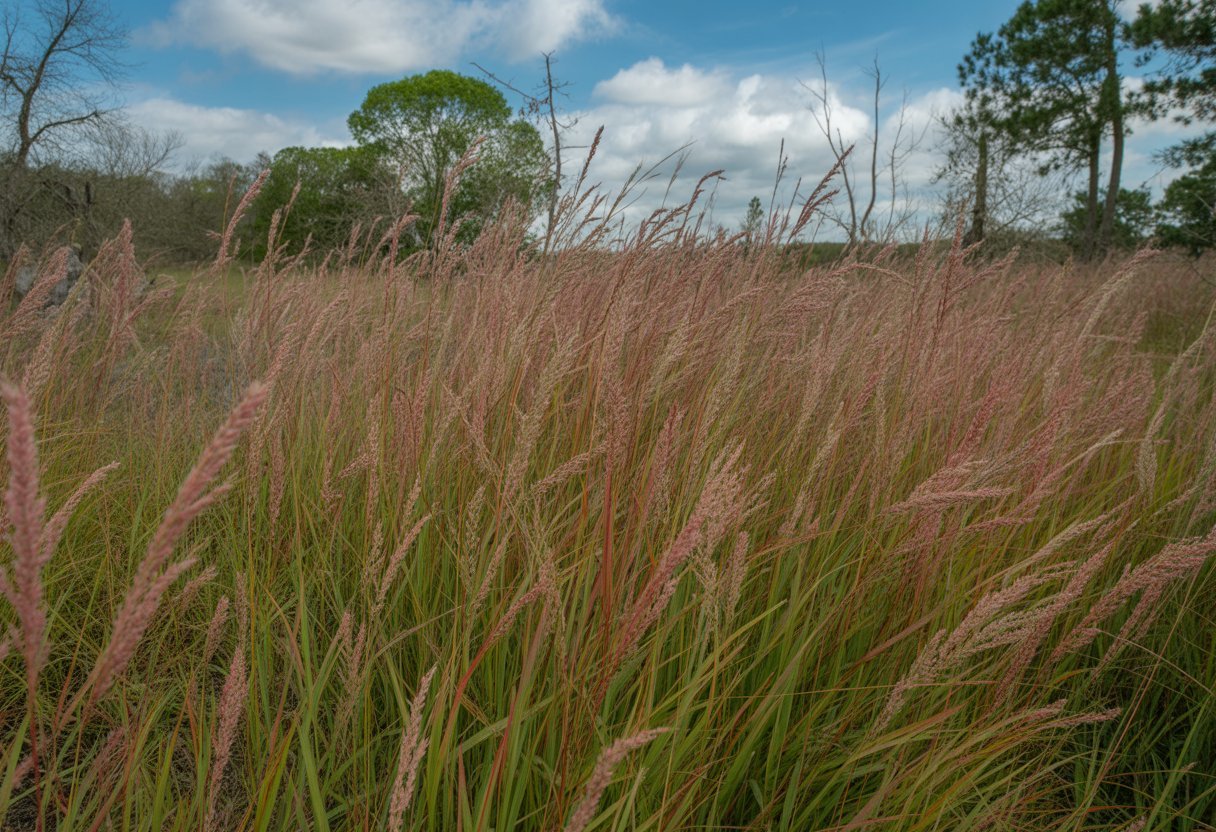 A lush landscape in Alabama with healthy Little Bluestem grass and native trees under a blue sky.