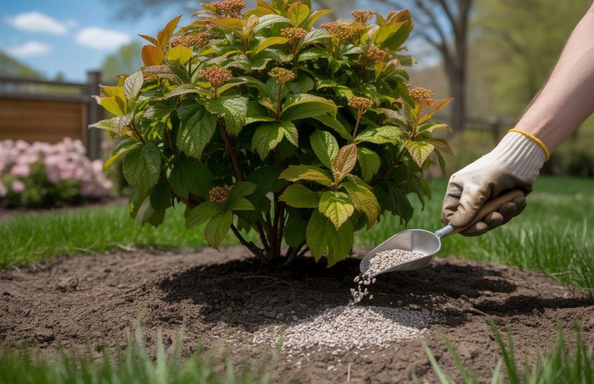A gardener applying fertilizer around a healthy viburnum shrub in a sunny garden.