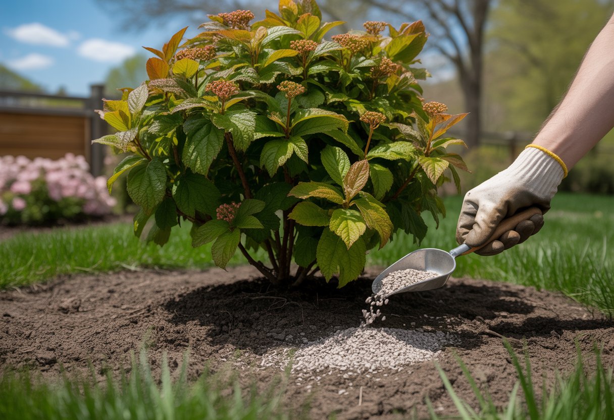 A gardener applying fertilizer around a healthy viburnum shrub in a sunny garden.
