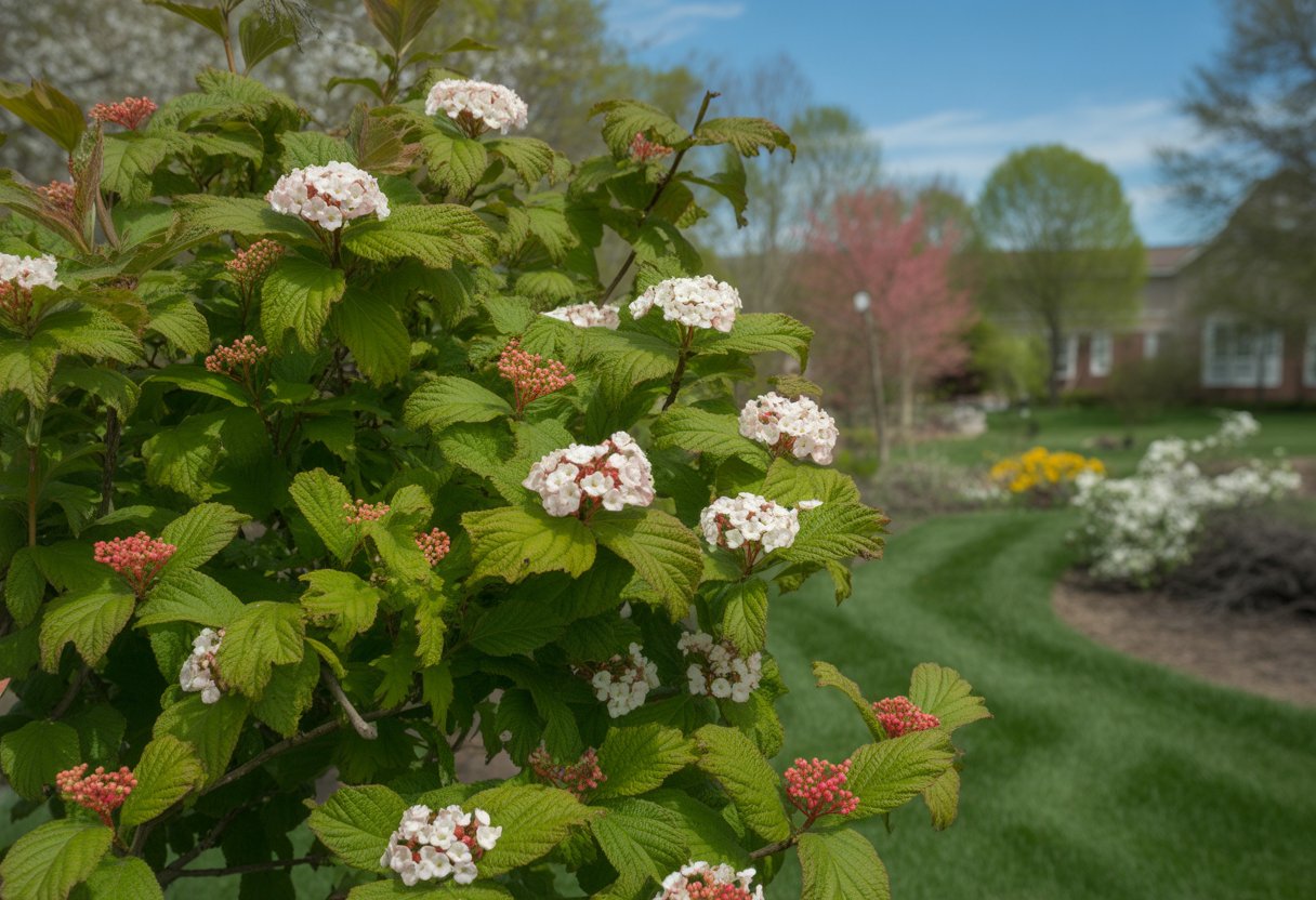 A healthy viburnum shrub with green leaves and white flowers in a sunny garden setting during early spring.