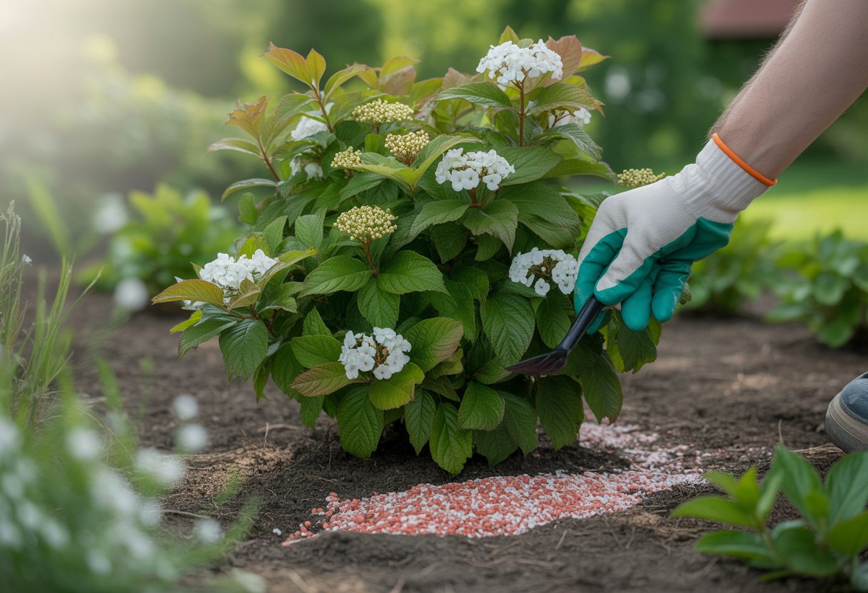 A gardener applying fertilizer around a healthy viburnum shrub with white flowers in a garden under clear sunlight.