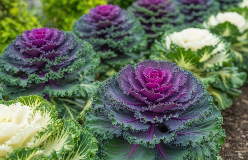 Close-up of colorful ornamental kale plants growing in a landscaped garden bed.