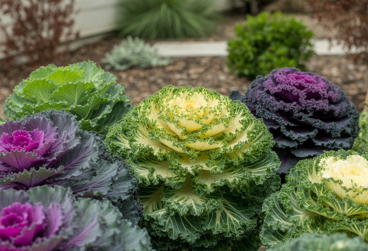 Close-up of vibrant ornamental kale plants with green and purple ruffled leaves in a garden bed.