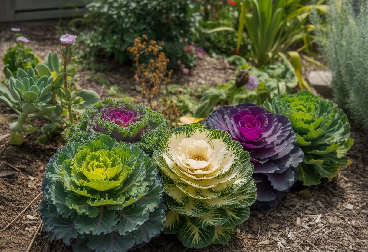 Close-up of colorful ornamental kale plants growing in a garden bed surrounded by other plants and natural elements.
