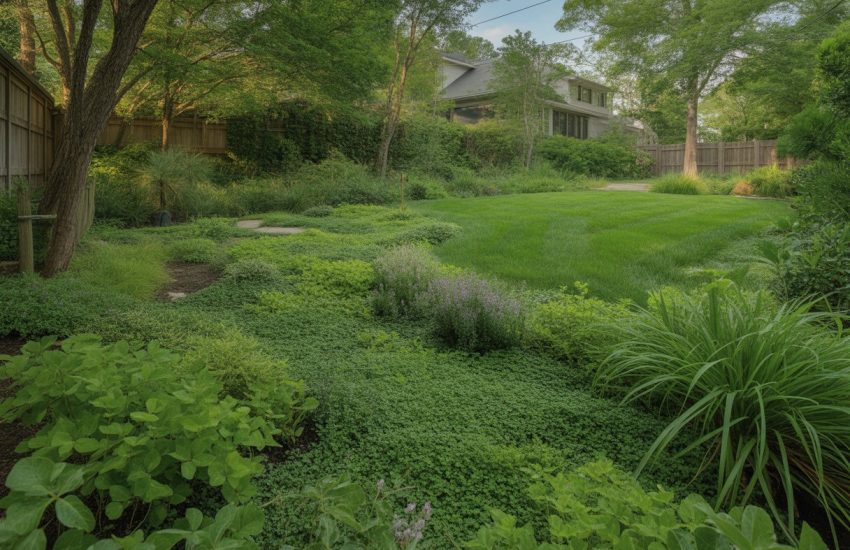 A backyard in Virginia with a green eco-friendly lawn made of native plants and ground covers, surrounded by trees and a wooden fence.