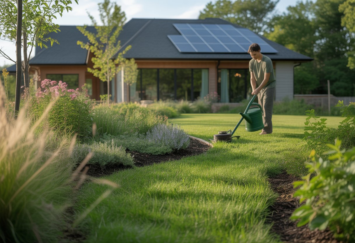 A person tending a lush, eco-friendly lawn with native plants and trees near a house with solar panels.