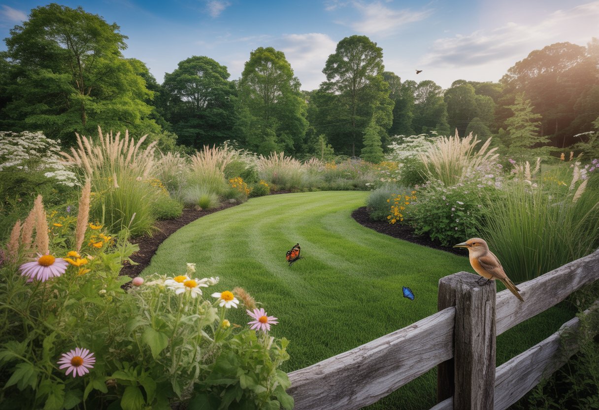 A green lawn with native plants and wildflowers attracting butterflies and a bird perched on a wooden fence, surrounded by trees under a blue sky.