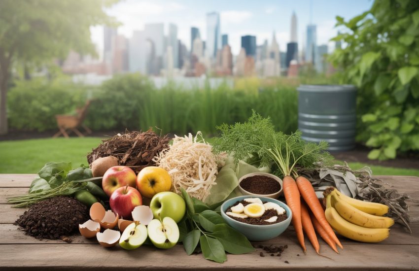 A variety of compost materials including fruit and vegetable scraps, coffee grounds, eggshells, shredded newspaper, dry leaves, and grass clippings arranged on a wooden table with a city garden and skyline in the background.