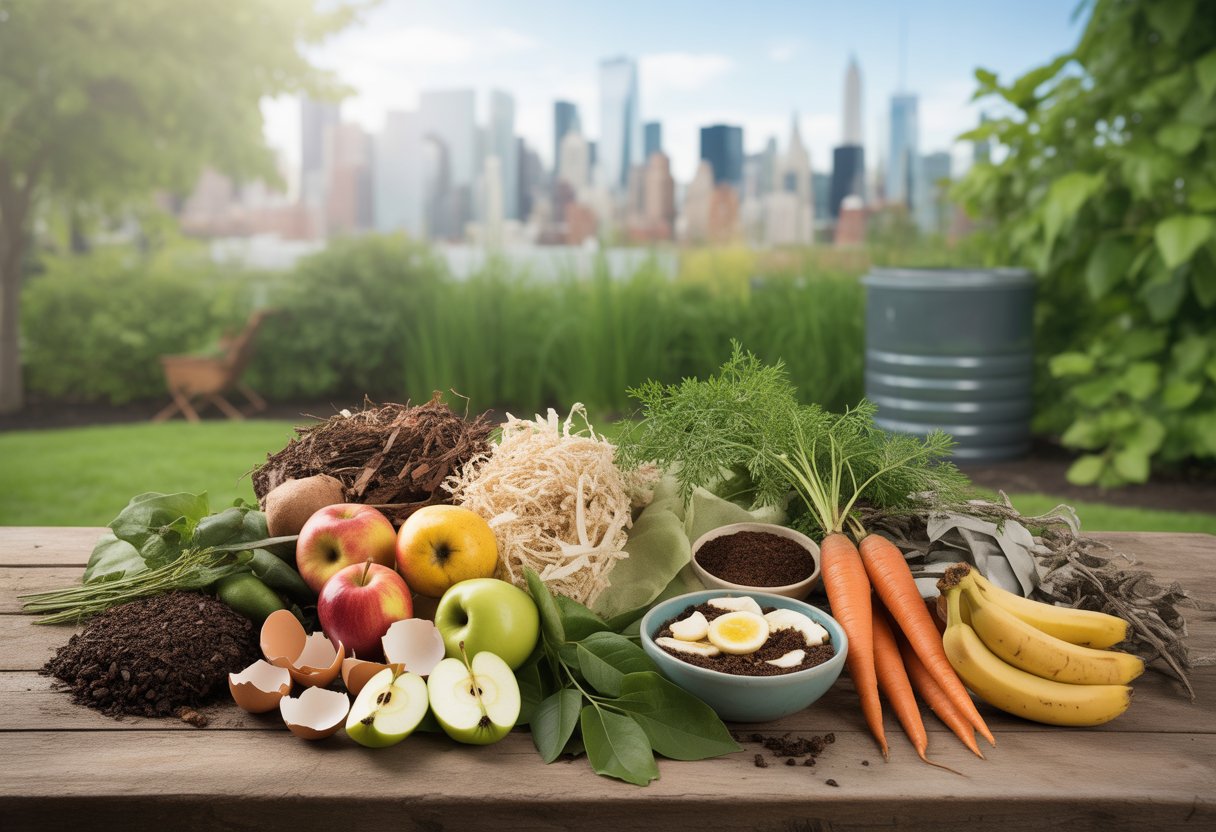 A variety of compost materials including fruit and vegetable scraps, coffee grounds, eggshells, shredded newspaper, dry leaves, and grass clippings arranged on a wooden table with a city garden and skyline in the background.
