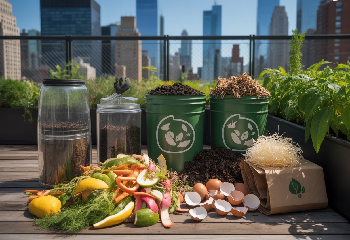 An urban composting setup with various compost materials and a rooftop garden overlooking city buildings.