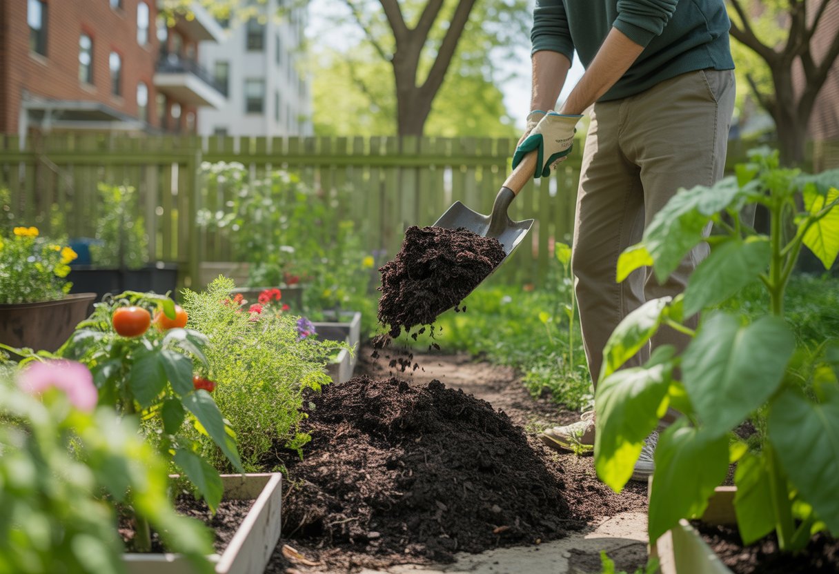 A gardener spreading finished compost around plants in a thriving New York garden with raised beds and urban buildings in the background.