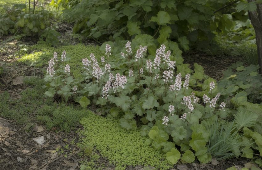 A garden in Missouri with clusters of white and pale pink foamflower plants growing among green foliage in a shaded outdoor setting.