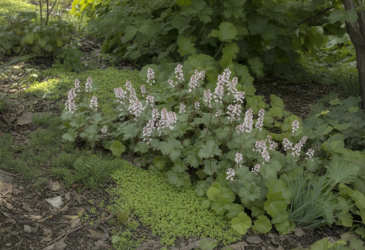A garden in Missouri with clusters of white and pale pink foamflower plants growing among green foliage in a shaded outdoor setting.