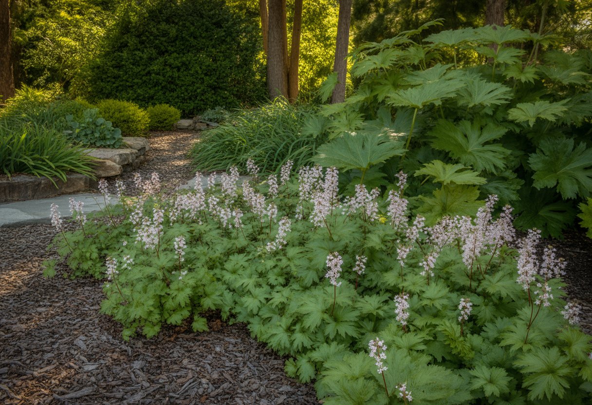 A garden bed with white foamflower plants surrounded by green leaves and natural stone borders in a shaded outdoor area.