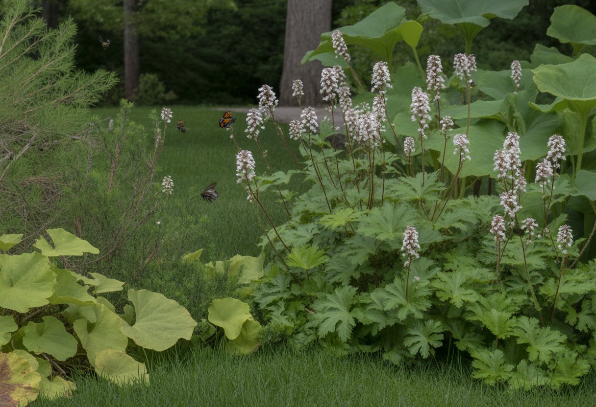 A garden in Missouri with native foamflower plants blooming surrounded by green foliage and pollinating insects.