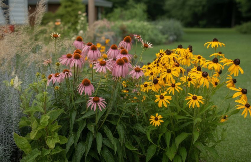 A garden with various native Tennessee plants including purple coneflowers, black-eyed Susans, and grasses in natural sunlight.