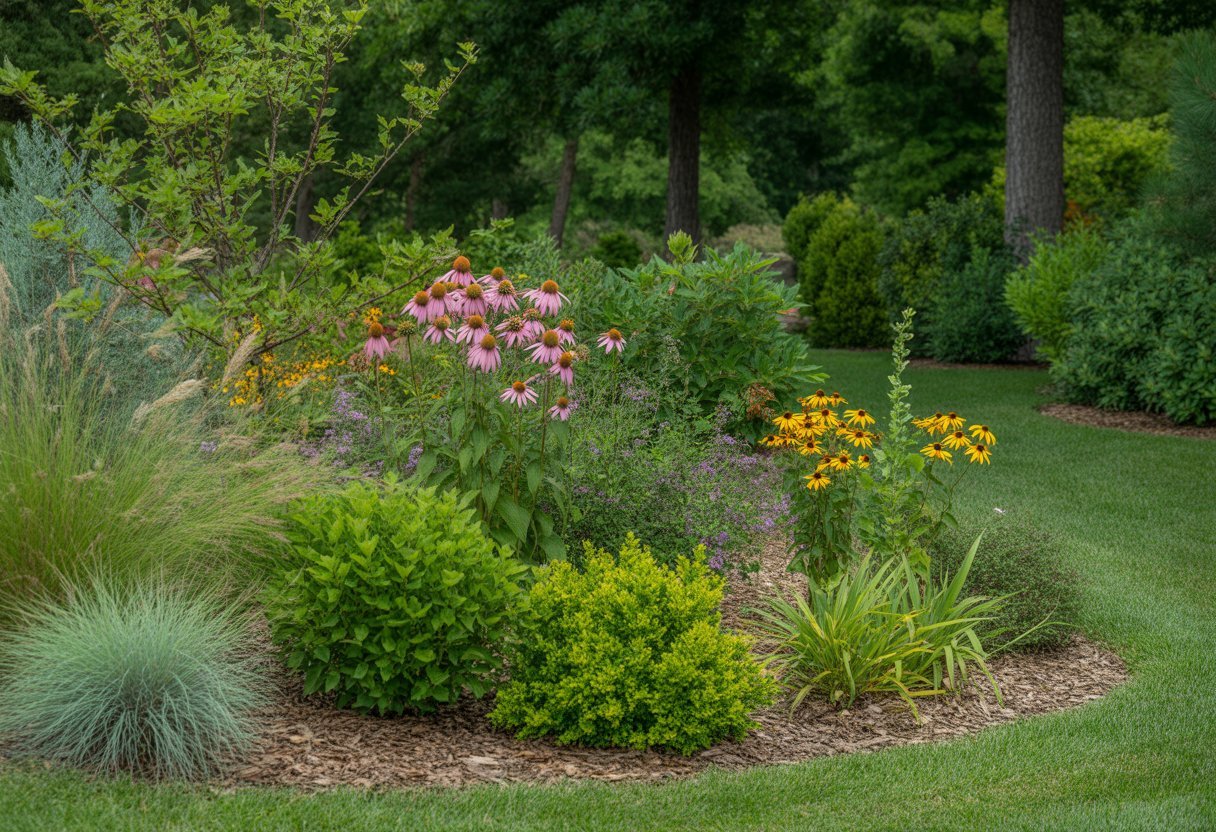 A colorful Tennessee garden with native flowering plants, grasses, and trees arranged along a clean pathway.