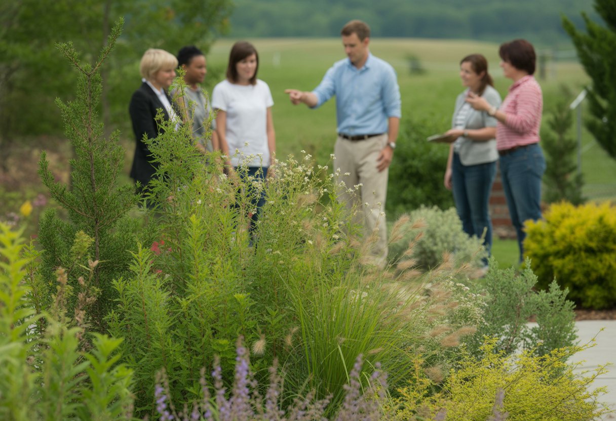 A group of people learning about low maintenance native plants in a lush Tennessee garden with various native flowers and shrubs.