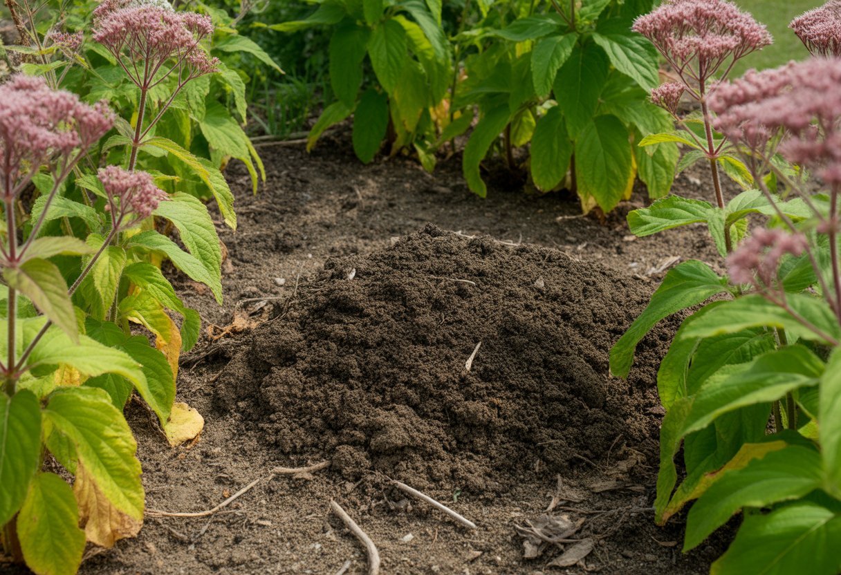 Close-up of rich garden soil with healthy Joe Pye Weed plants featuring green leaves and pinkish-purple flowers in a sunlit garden.