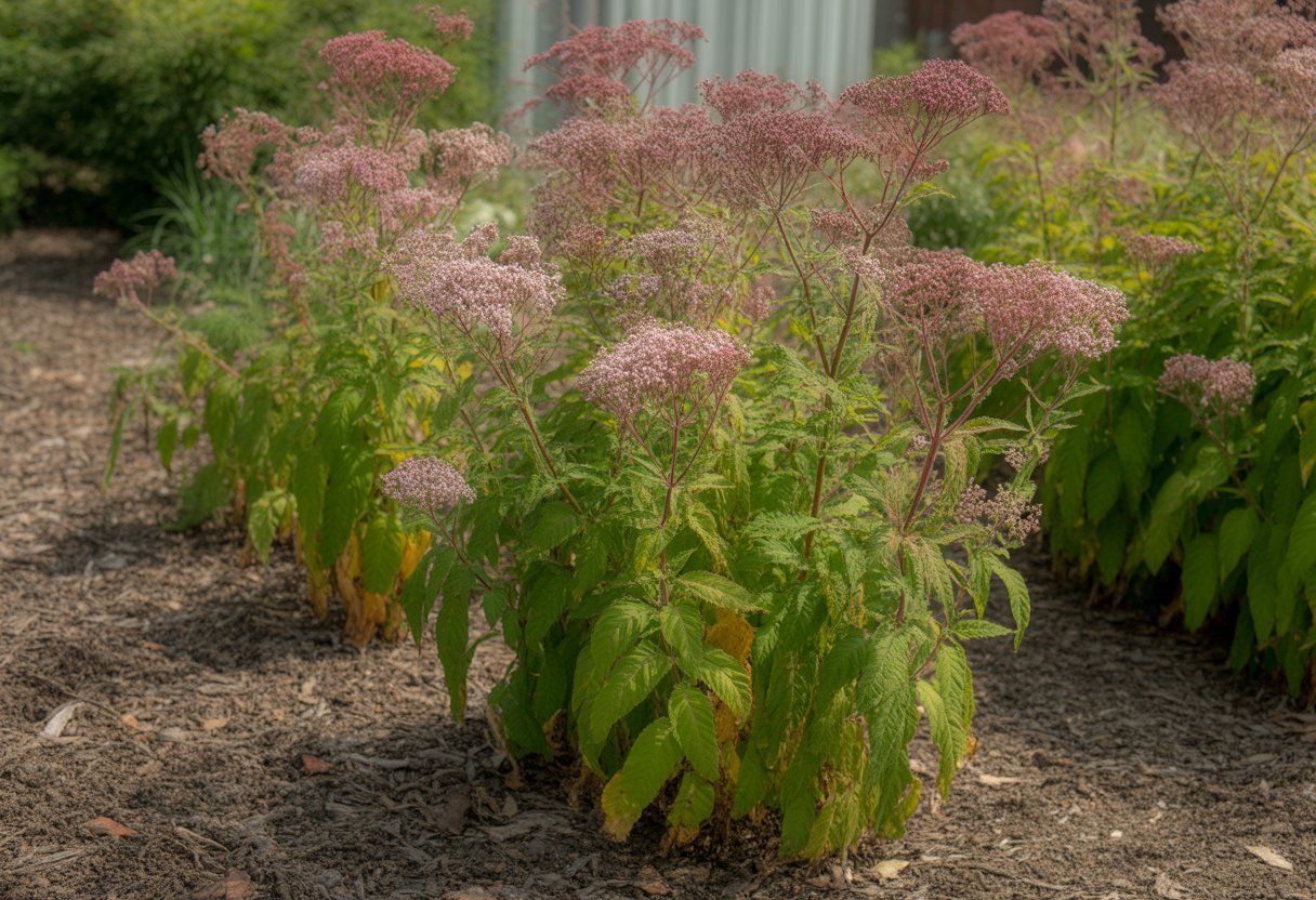 Healthy Joe Pye Weed plants with pinkish-purple flowers growing in rich, dark soil in a garden setting.